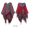 Red bohemian hooded poncho with mandala floral prints and fringe details front and back - 03# Red