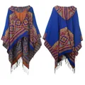 Ethnic style hooded poncho cape with fringes and bohemian pattern in royal blue - 04# Royal Blue