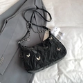 Chic black pleated shoulder bag with silver butterfly charms and cloud plush keychain - With Pendant / Black