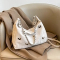 White pleated tote bag with silver butterfly charms and metal chain strap detail - Without Pendant / White