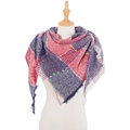 Women's thick plaid scarf with navy, red, and beige knit yarn and fringe details - Wine Red (SJ6-03)