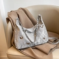Silver wrinkled tote bag featuring metal butterfly charms and a chunky chain strap - Without Pendant / Silver