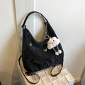 Black pleated tote bag with silver butterflies and white cloud charm accessory - Black With Pendant