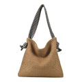 Minimalistische geflochtene Stroh-Schultertasche mit stilvollem Hahnentritt-Gurt und Knoten - Braun