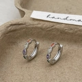 Silver huggie earrings with colorful rainbow zircons and delicate beaded trim edge - Silver/Rainbow Zirconia