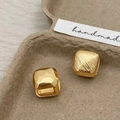 Golden French geometric square earrings with hammered and brushed metal texture finish - Geometric Square Gold Earrings