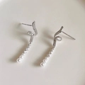 Elegant silver wave drop earrings with sparkling zircons and three hanging white pearls - Silver Zirconia Pearl