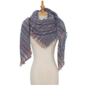 Chunky multicolored knitted triangle scarf with plaid texture and tassel edges - 135x135cm / Navy Blue