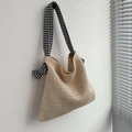 Beige woven straw shoulder bag with stylish black and white houndstooth wide fabric strap - Off White