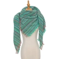 Green plaid oversized shawl scarf with colorful checks and fringe on a white background - 135x135cm / Green
