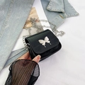 Mini black crocodile embossed crossbody bag with silver butterfly buckle and chain - Black