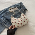 Beige corduroy shoulder bag featuring red strawberry prints and a gold metal accent - Strawberry Print Corduroy Style / White