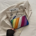 Rainbow striped metallic leather shoulder bag with bead trim and silver chain strap - Colorful