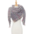 Colorful plaid triangle scarf with fringe detail shown on a white mannequin - Gray / 135x135cm
