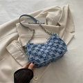 Blue and white checkered crescent shoulder bag with fringe detail and silver chain strap - Blue Checkerboard