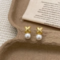 Matte gold X-shaped cross earrings with round white pearl drop in retro French style - Matte Gold White Pearl