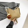 Fashionable khaki leather shoulder bag with gold metal logo and brown plush bear charm - Khaki with Pendant