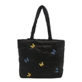 Schwarze gesteppte Shopper-Tasche mit bunten Schmetterlings-Stickereien und Tragegriffen - Schwarz