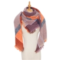 Écharpe triangle à carreaux hiver en orange et violet avec bords à franges - Orange