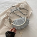 Shell shaped shoulder bag in grey marble pattern with white pearl handle and strap - Silver