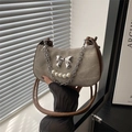 Vintage Y2K dumpling bag with bow, pearl chain and grey denim fabric details - Gray