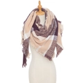 Écharpe triangle épaisse à carreaux beige et violet avec bordures à franges - Beige Brun