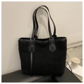 Minimalist black plush tote bag made of soft faux fur with premium leather handles - Black