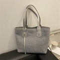 Large grey fuzzy plush tote bag with faux fur texture and leather straps for autumn winter - Gray