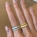 French retro brushed metal ring with sparkling zircons worn on model hand in natural light - Wide Ribbed (C-280) / Width approx 5.2mm / Silver
