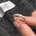 Sparkling zircon wide ring with vertical textured silver band on grey fabric - C-371 Narrow Texture Style (5649717584095) / Silver