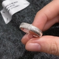 Silver pleated wide band ring with sparkling vertical zircon row on female hand - C-280 Wide Texture Style (5649717584094) / Silver