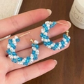 Handmade C-shaped hoop earrings with blue crystal beads and white pearls for summer - Blue Crystal Pearl Style (A-1459)