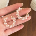Elegant C-shaped hoop earrings with pink crystal beads and pearls on golden metal frame - Pink Crystal Pearl Style (A-1459)