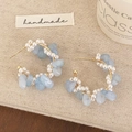 Handmade C-shape earrings with freshwater pearls and light blue crushed natural stones - Blue Natural Stone Style (A-1484)