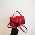 Elegant red crocodile pattern crossbody bag with golden metal buckle and top handle - Red