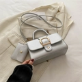 Metallic silver crossbody box bag in pebble leather with gold square buckle and card holder - Silver