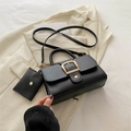 Black litchi grain handbag set with gold square clasp and matching mini hanging pouch - Black