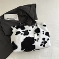 Large plush cow print tote bag with black straps for autumn winter 2024 fashion - Black