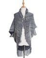 Detail of black and white striped knit poncho featuring elegant long fringe trim and texture - Striped Tassel Shawl Style (JH-P7) / 80-100cm / 05# Black