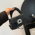 Chic black crocodile pattern handbag with crystal buckle and ruched handle detail - Black