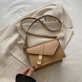 Elegant tan faux leather crossbody square bag with stylish gold clasp and slim shoulder strap - Khaki