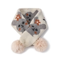 Beige knitted kids' winter scarf with gray bunny patterns and soft plush pom-poms - Rabbit Beige