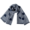 Detail of navy blue plaid scarf featuring large heart patterns and soft fringe edges - Black