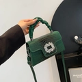 Dark green crocodile texture handbag with ruched handle and rhinestone buckle detail - Green
