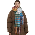 Écharpe à carreaux arc-en-ciel en faux mohair épais avec de larges franges multicolores - Carreaux Arc-en-ciel (Comme illustré)