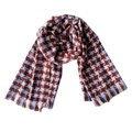 Houndstooth knit scarf with rust red and blue pattern and soft fringe edges - 200x68cm / Brick Red
