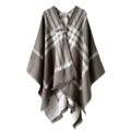 Poncho femme à carreaux gris et blancs en imitation cachemire avec boucle en cuir élégante - Taille Unique (150x130cm) / Grille Gris