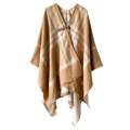 Châle pour femme à carreaux kaki avec boucle en cuir et ourlet à franges doux - Taille Unique (150x130cm) / Carreaux Camel