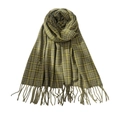 Retro yellow and olive green plaid scarf with soft fringe edges in a flat lay view - Green
