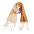 Detail of soft winter scarf with geometric patchwork pattern and long thick fringes - 185x40+15cm / Brown
